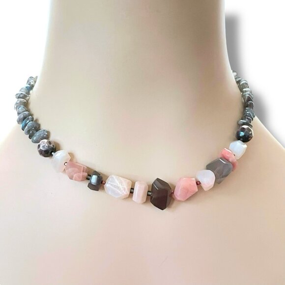 Peyote Bird Necklace Sterling Silver Moonstone Labradorite Agate Beaded 15" Boho - Picture 1 of 16